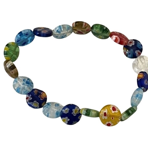 Handmade Millefiori Glass Bead Stretch Bracelet With Multicolor Floral Design - Picture 2 of 8